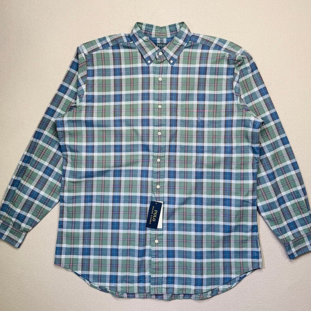 Polo Ralph Lauren Men's Big & Tall Plaid Oxford Shirt Fatigue Blue XLT $138